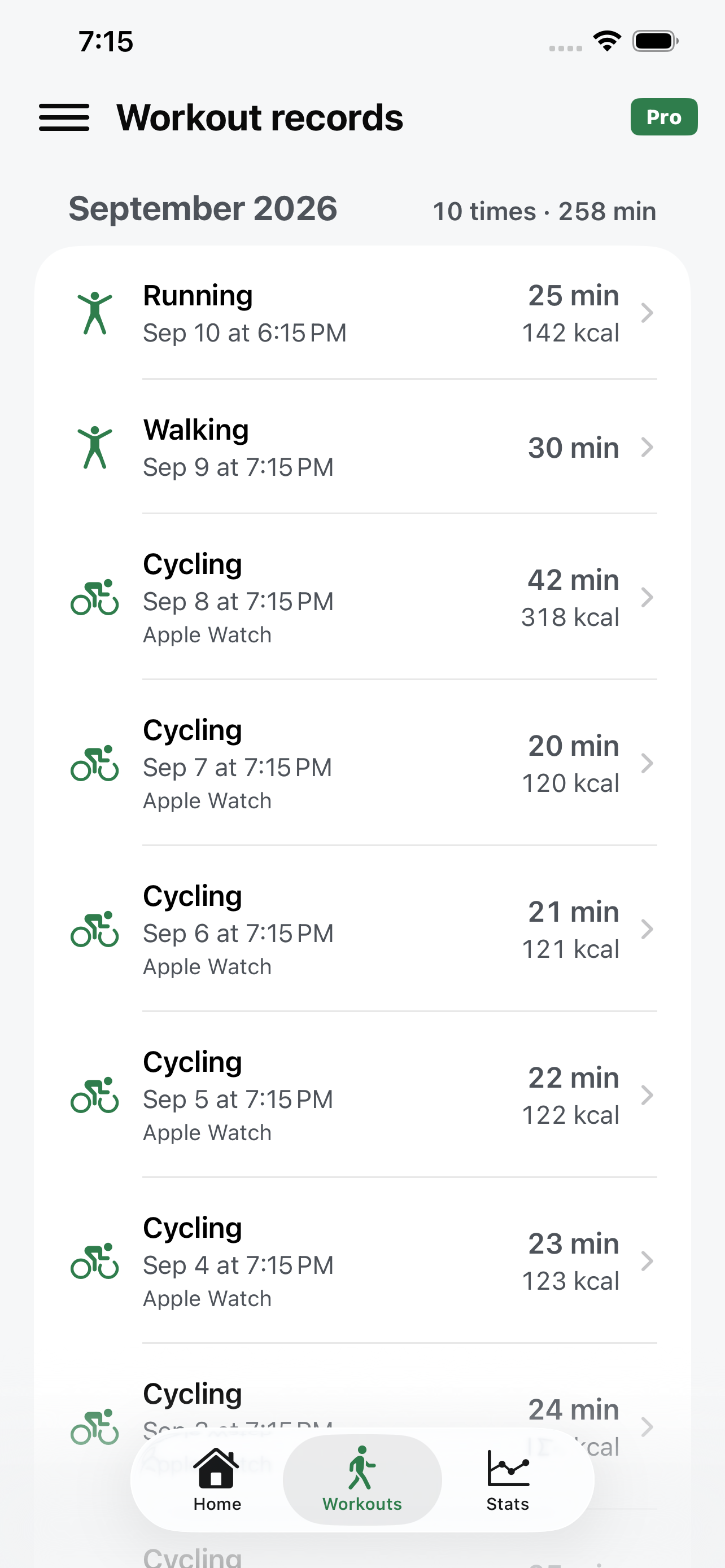 Actual Vitatally screen with a monthly workout list