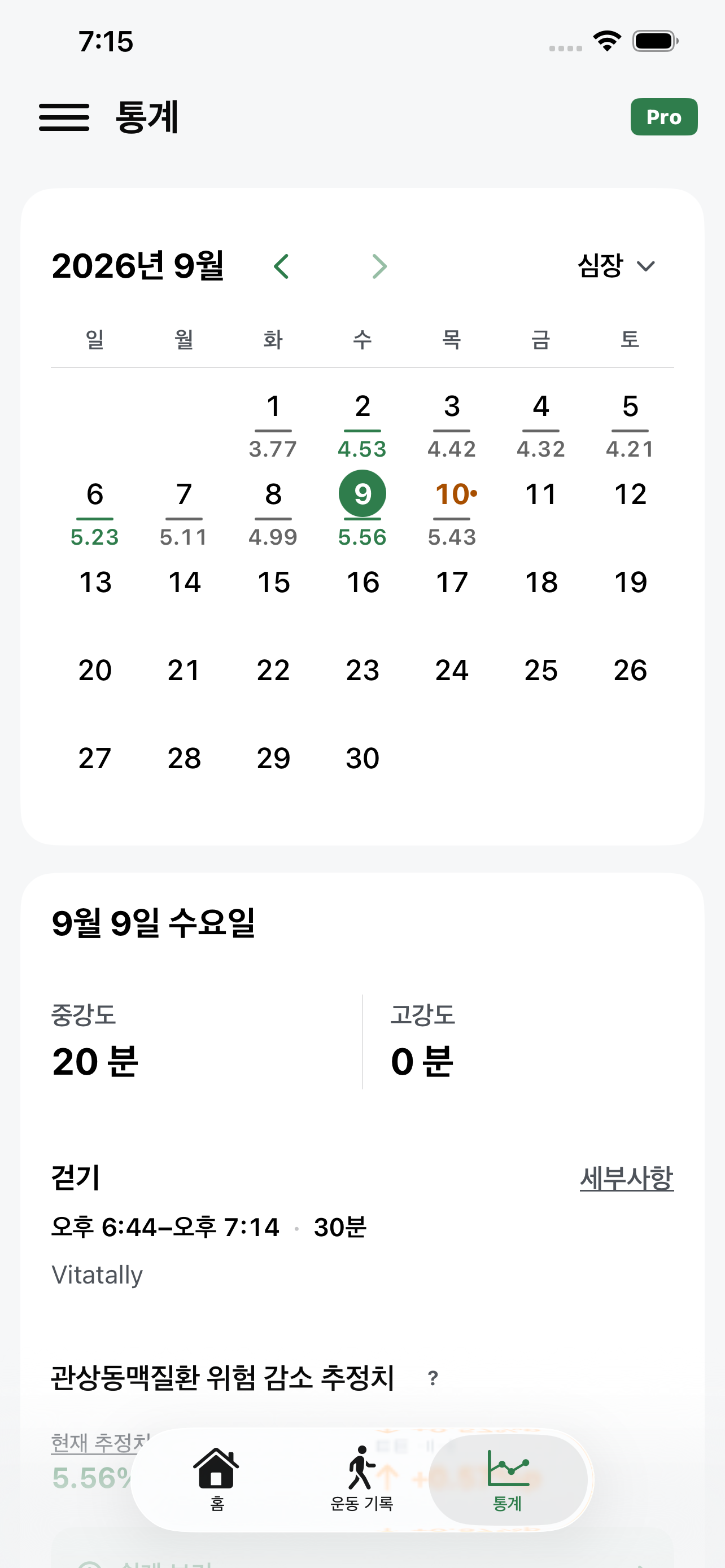 운동 추세와 심박수 통계를 보여주는 Vitatally 실제 화면
